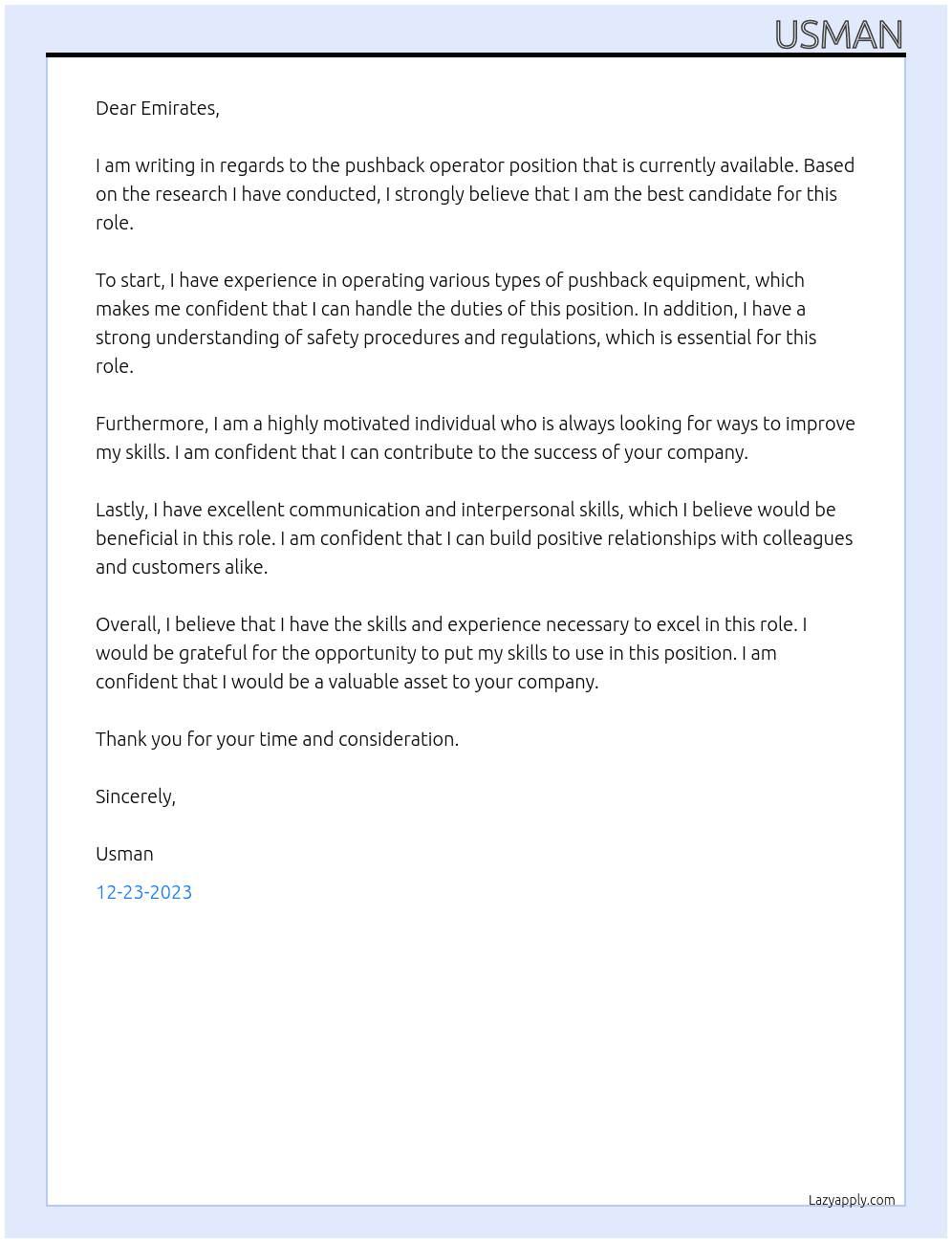 Cover letter for pushback operator - LazyApply