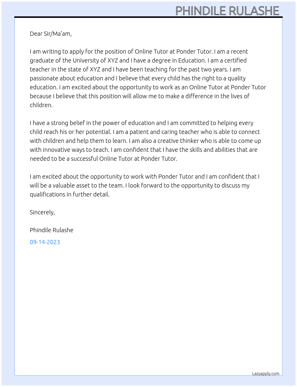 Online Tutor  At Ponder  Tutor Cover Letter