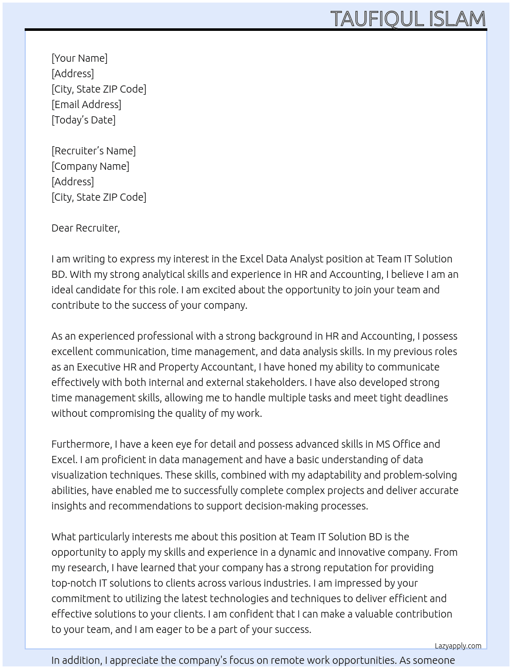 "Excel Data Analyst" At Team IT Solution BD Cover Letter