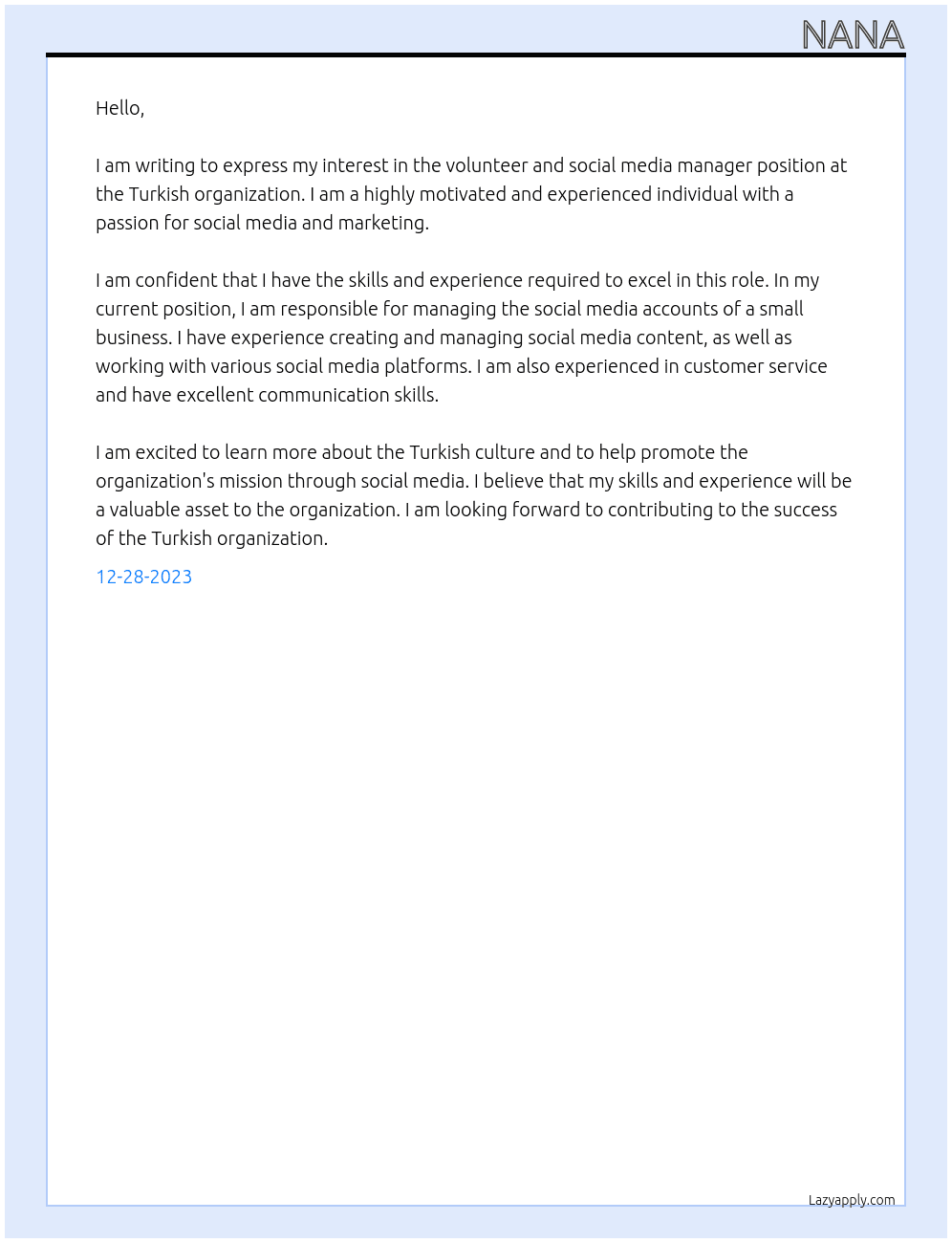volunteer and social media manager At Turkish organization Cover Letter