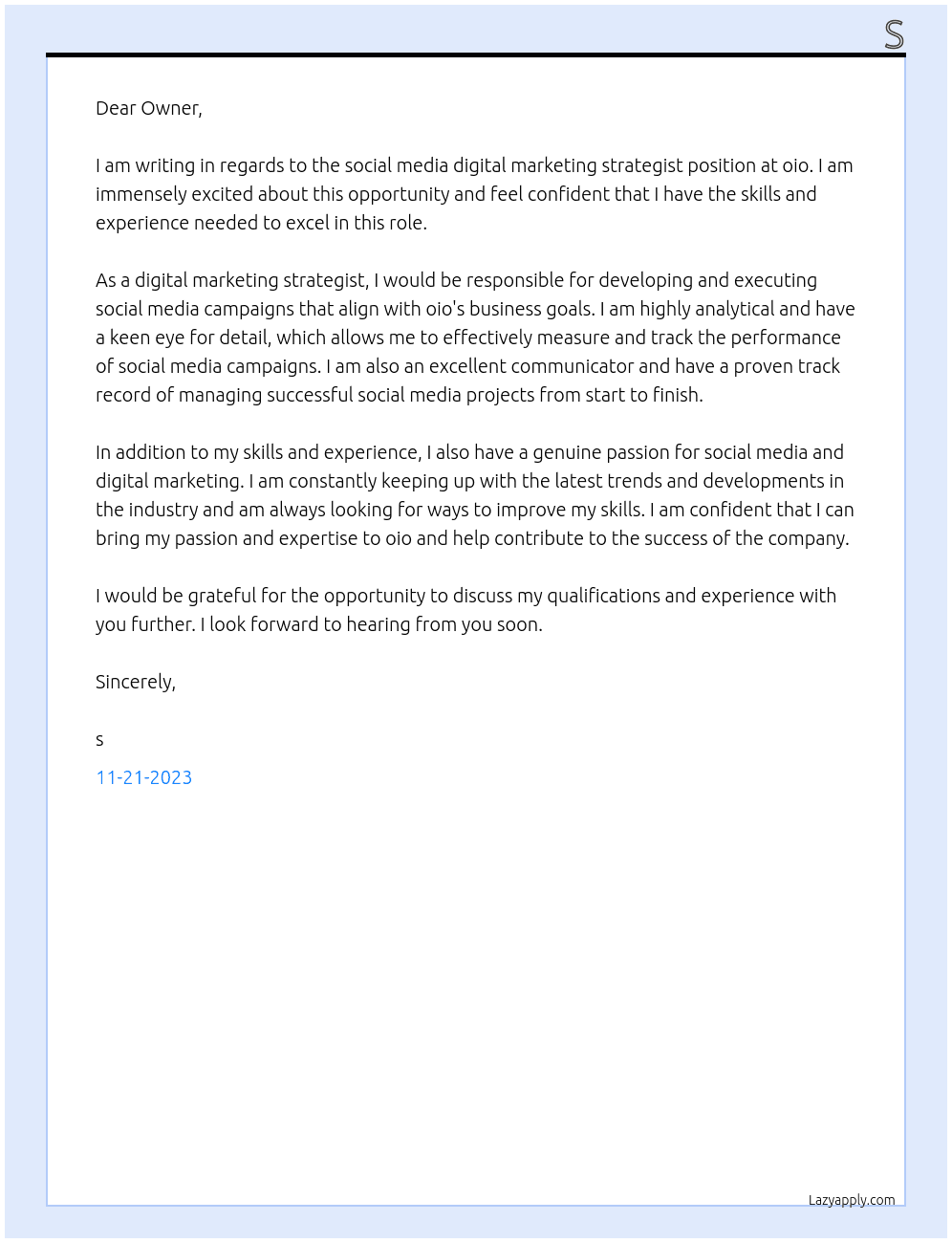 social media digital marketing strategist At oio Cover Letter