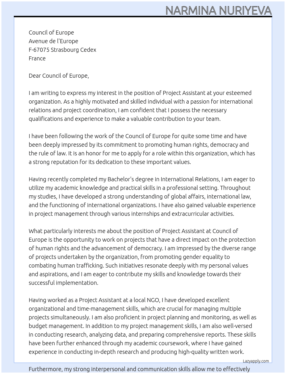 Project Assistant At Council of Europe Cover Letter