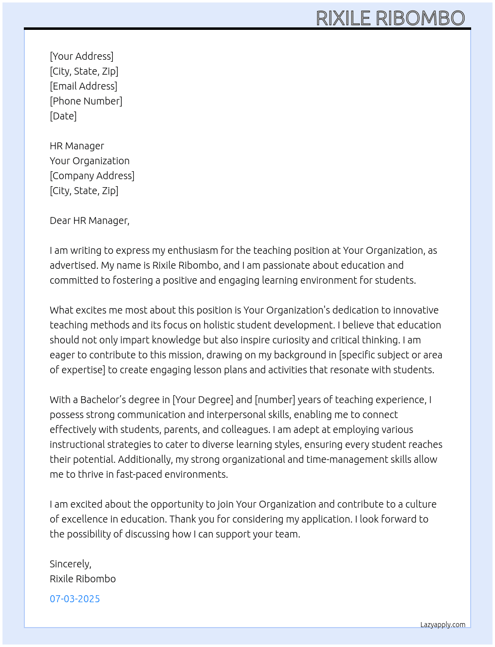Teaching  At Your organization  Cover Letter