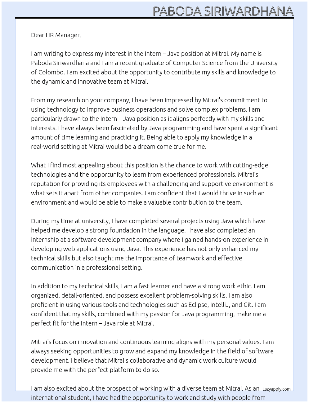 Intern – Java At Mitrai Cover Letter