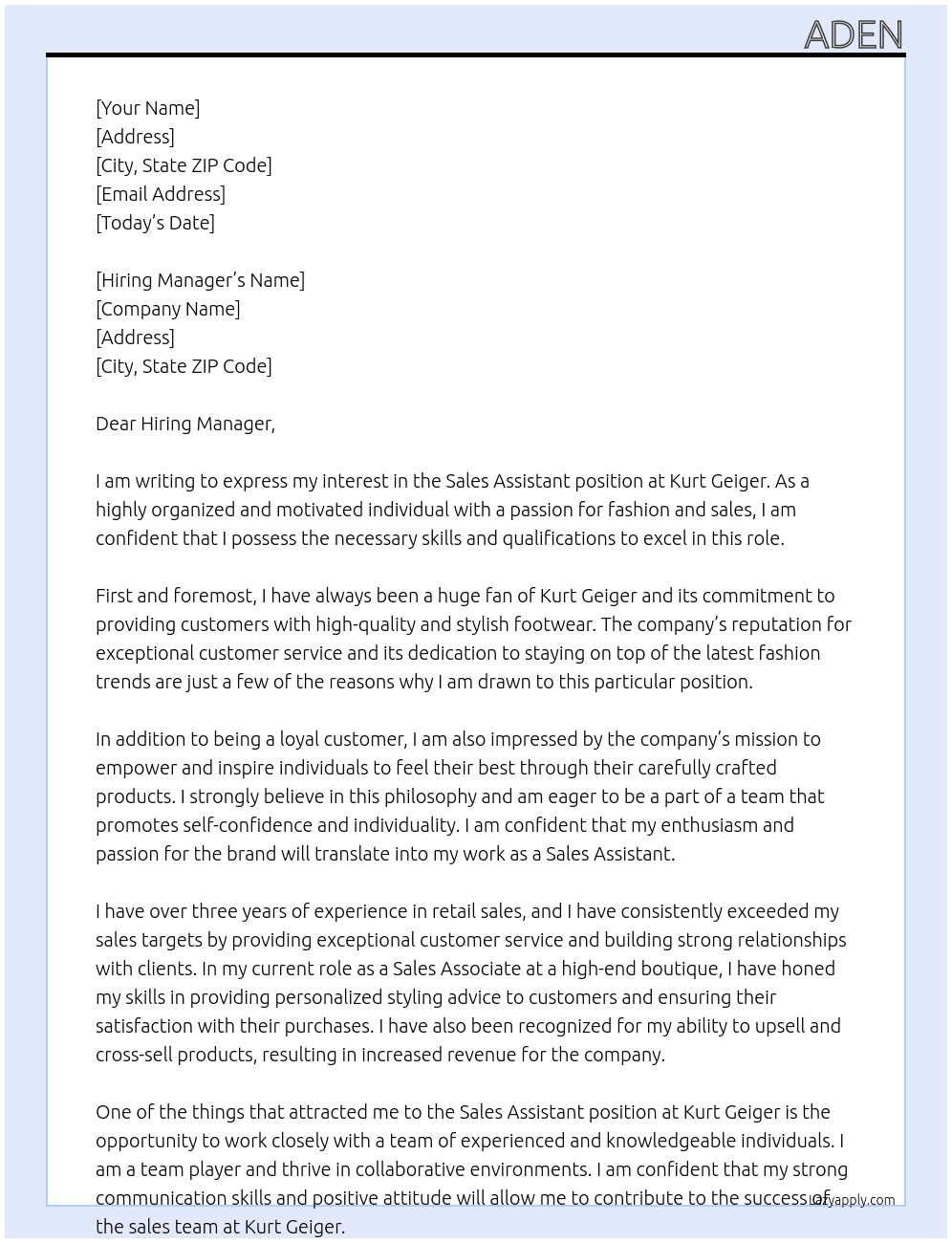 Sales Assistant At  Kurt Geiger Cover Letter