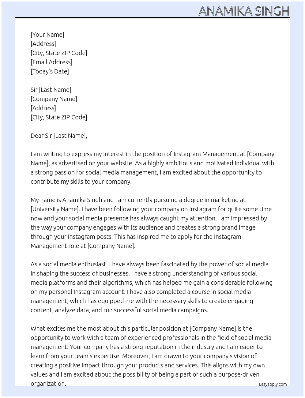 instagram management  At abhiraj pal Cover Letter