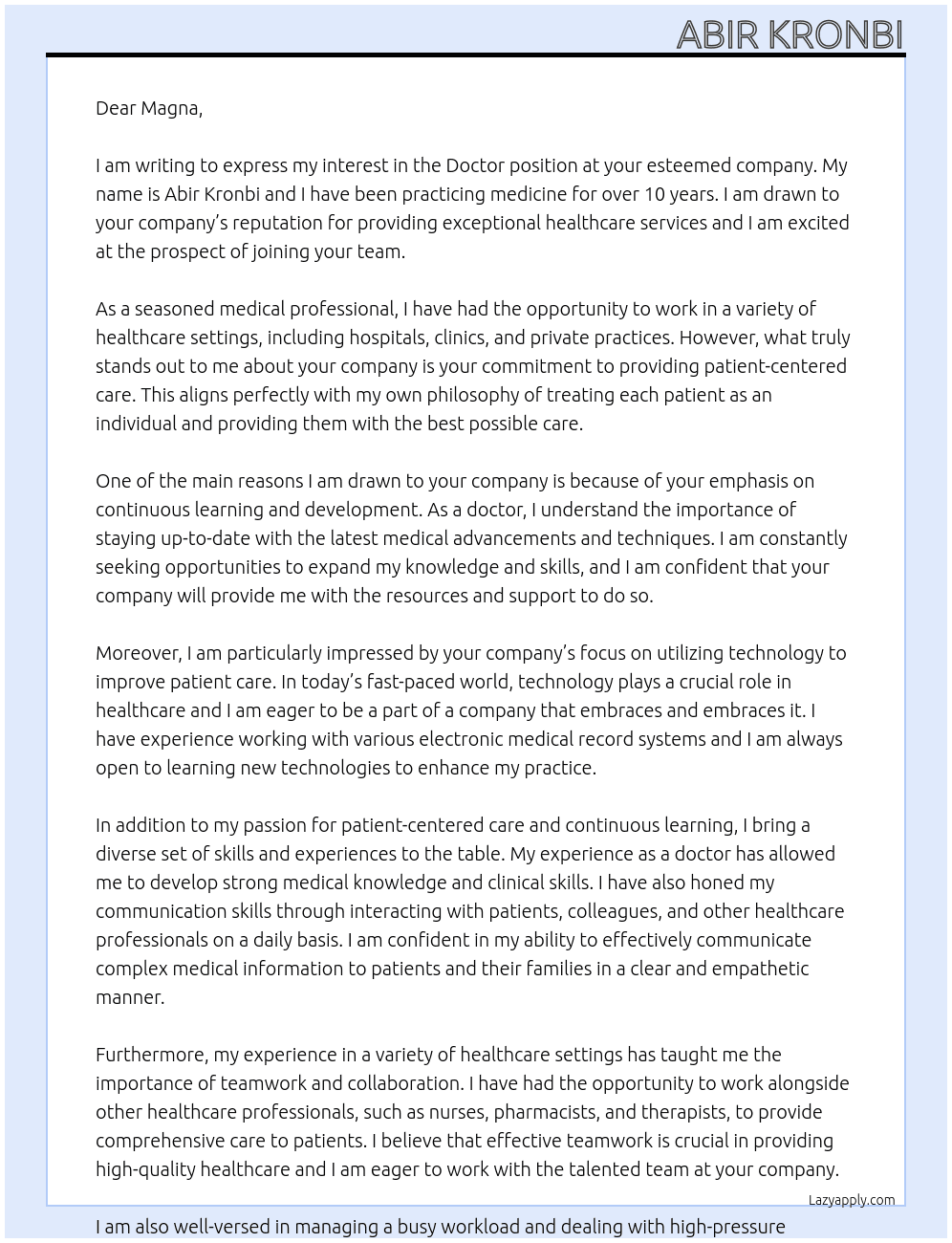 Doctor  At Magna Cover Letter