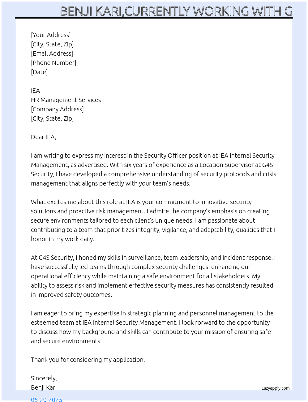 Security Officer  At IEA INTERNAL SECURITY MANAGEMENT  Cover Letter