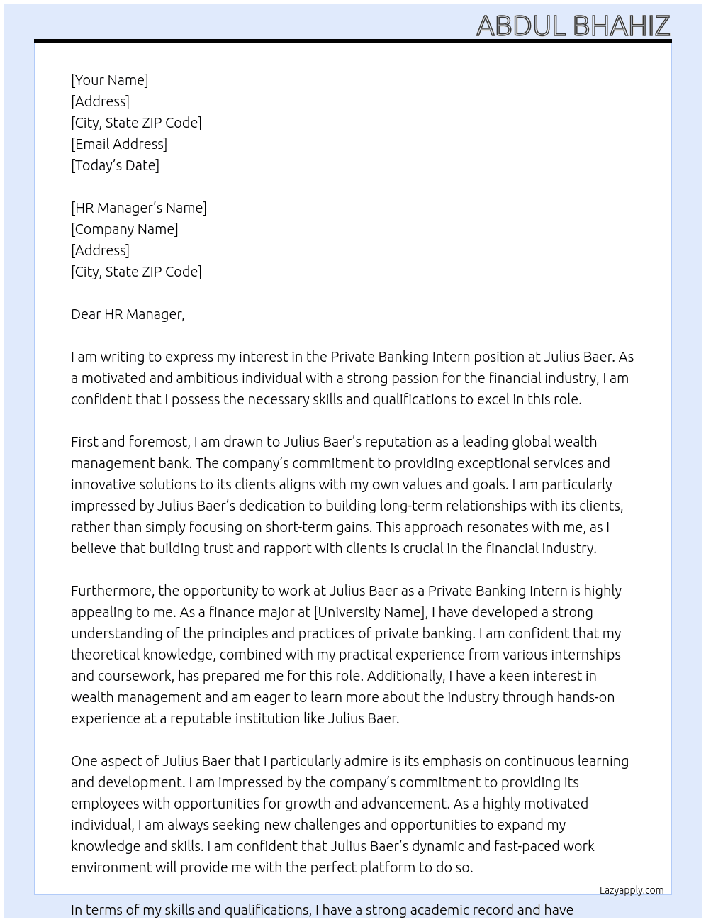 Cover letter for private banking intern - LazyApply