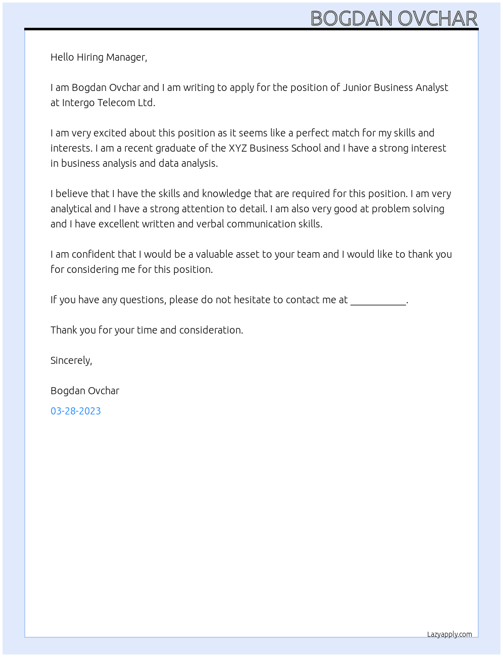 Junior Business Analyst At Intergo Telecom Ltd Cover Letter