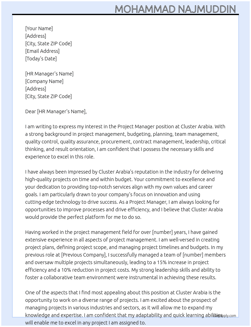 Project Manager  At Cluster Arabia Cover Letter