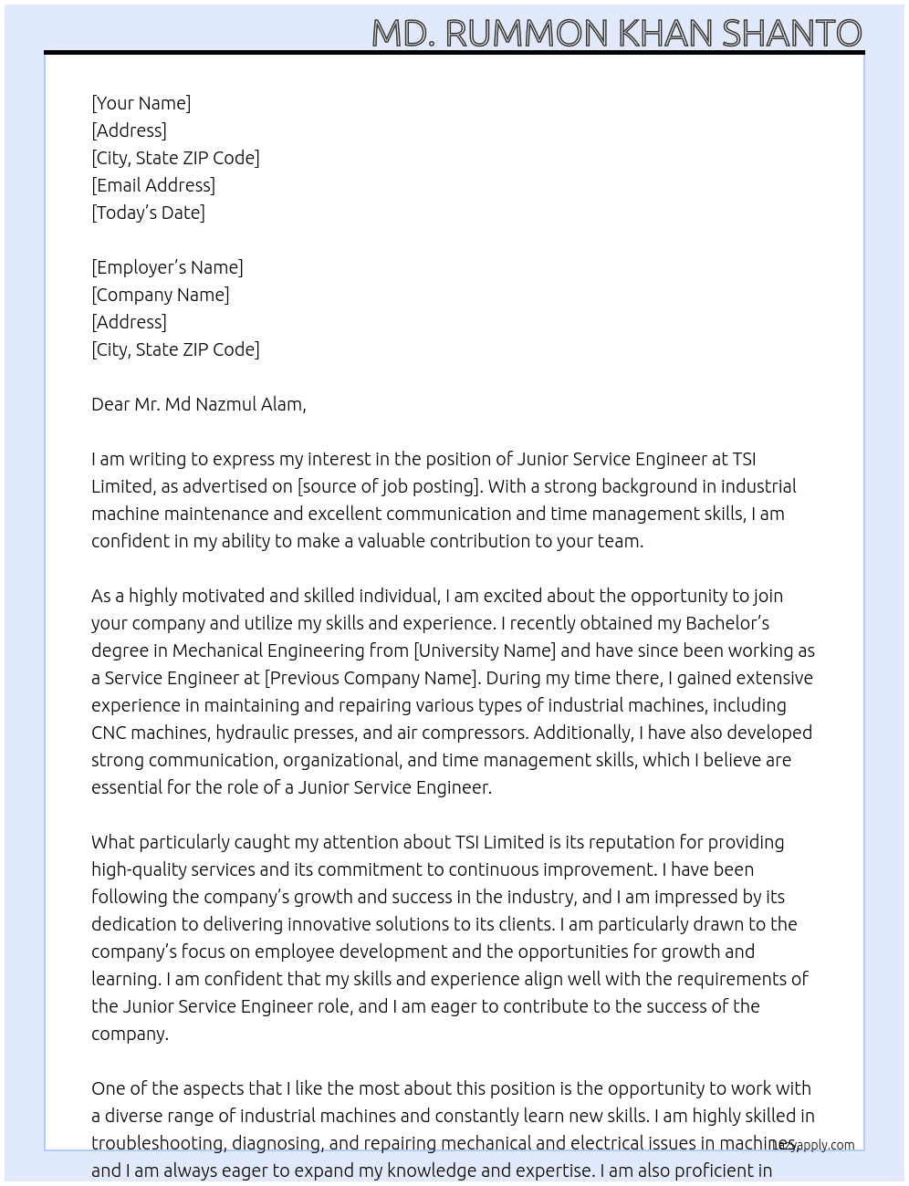 Junior Service Engineer  At TSI Limited  Cover Letter