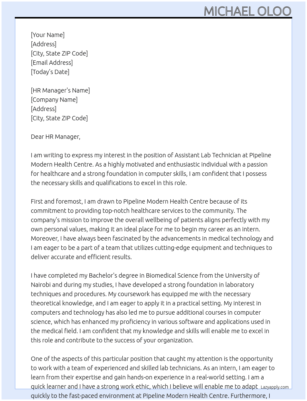 Assistant lab technician  At Pipeline Modern Health Centre  Cover Letter