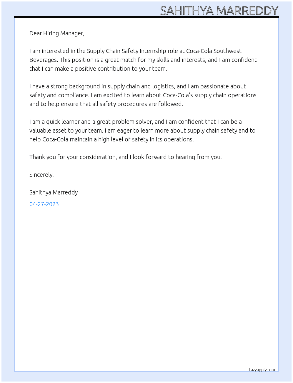 Supply Chain Safety At Coca-Cola Southwest Beverages Cover Letter