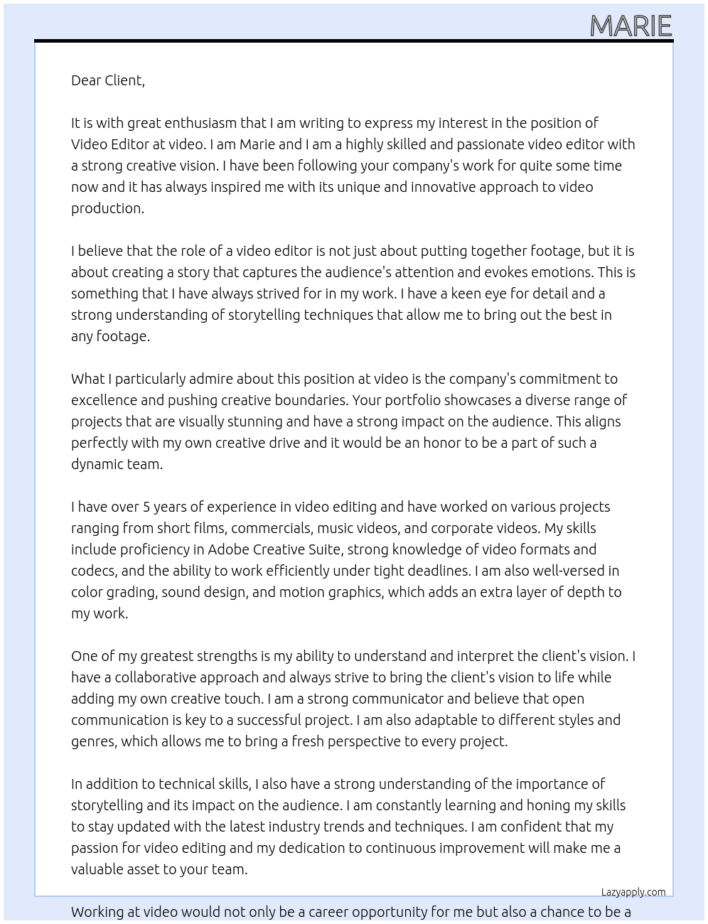 Video editor At video Cover Letter