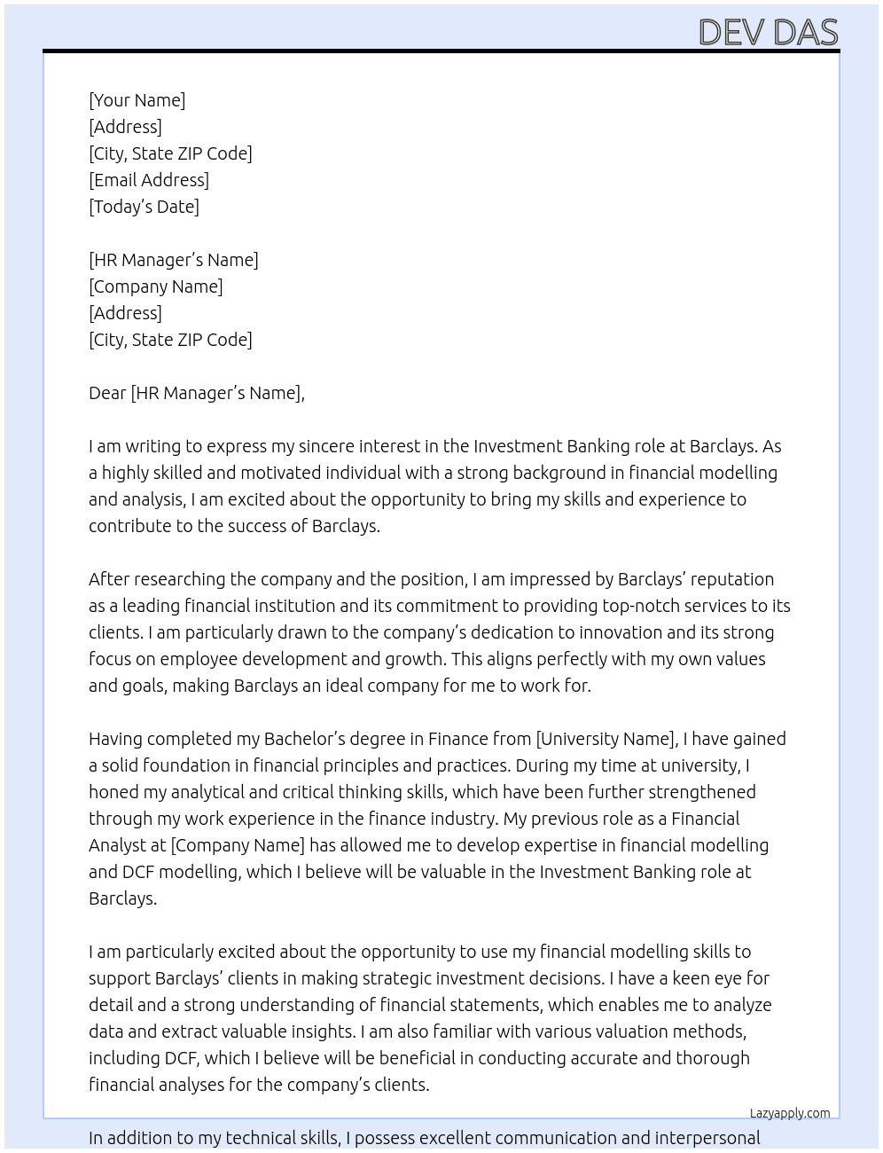 investment banking At barclays Cover Letter