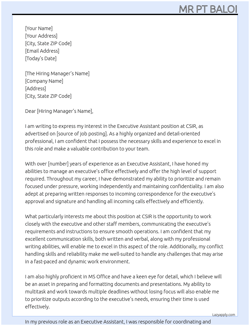 Executive Assistant At CSIR Cover Letter
