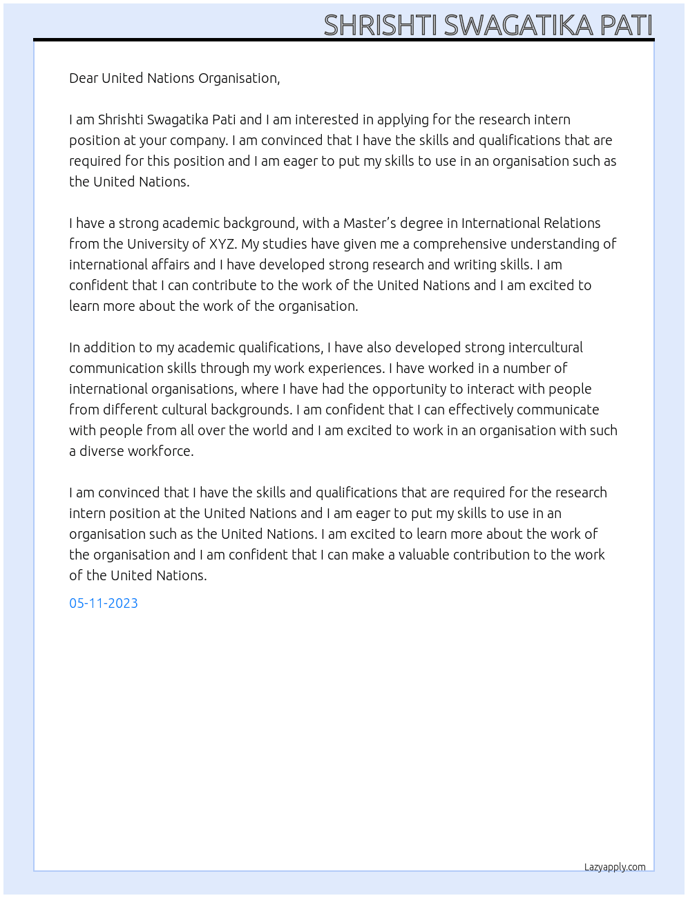 research intern At United Nations Organisation Cover Letter