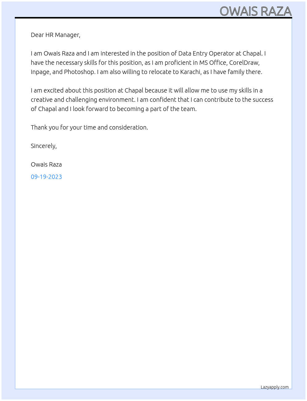 Data Entry Operator At Chapal Cover Letter