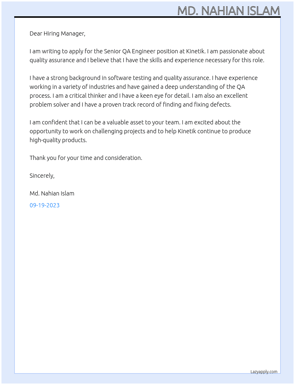 Senior QA Engineer At Kinetik Cover Letter