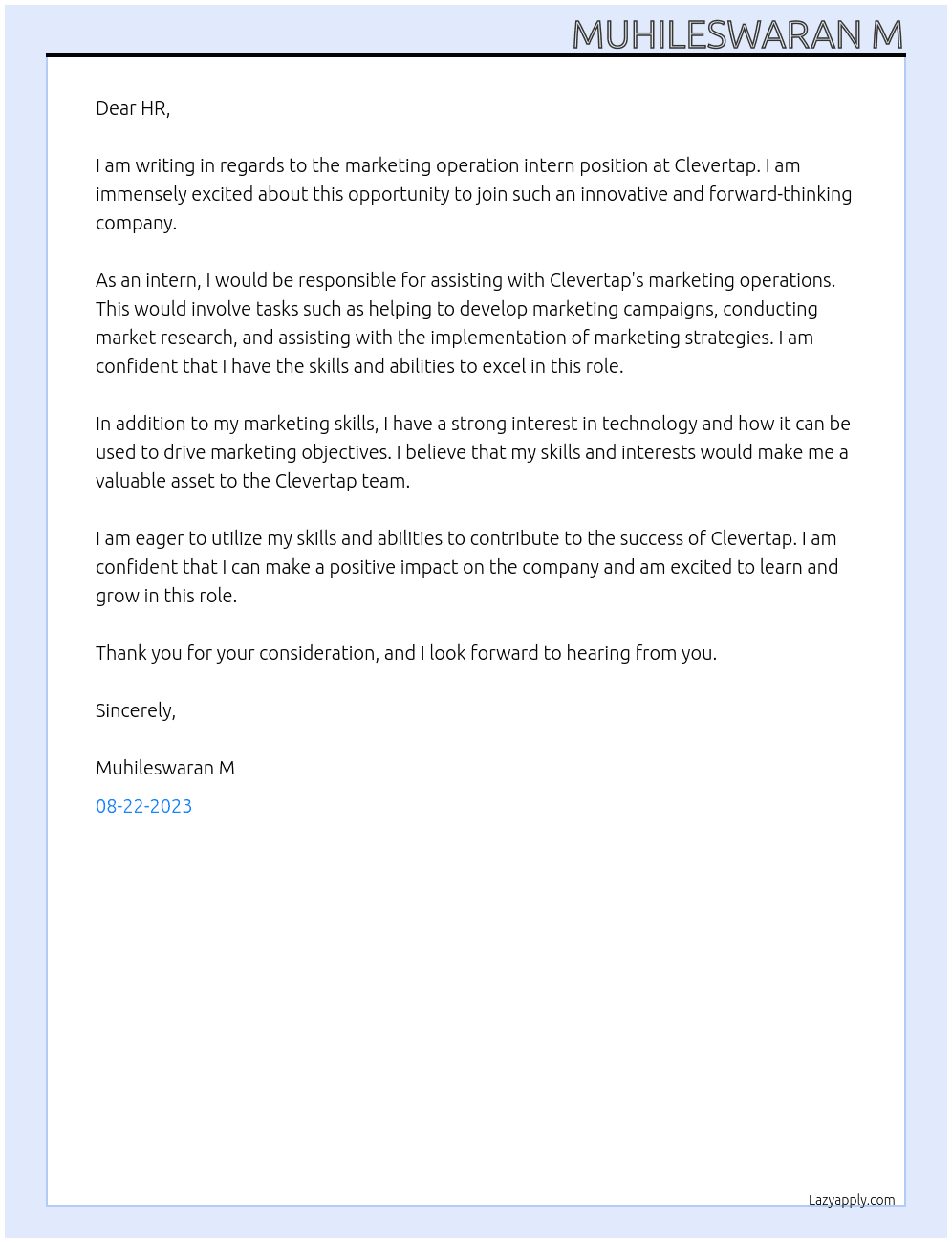 marketing operation intern At clevertap Cover Letter
