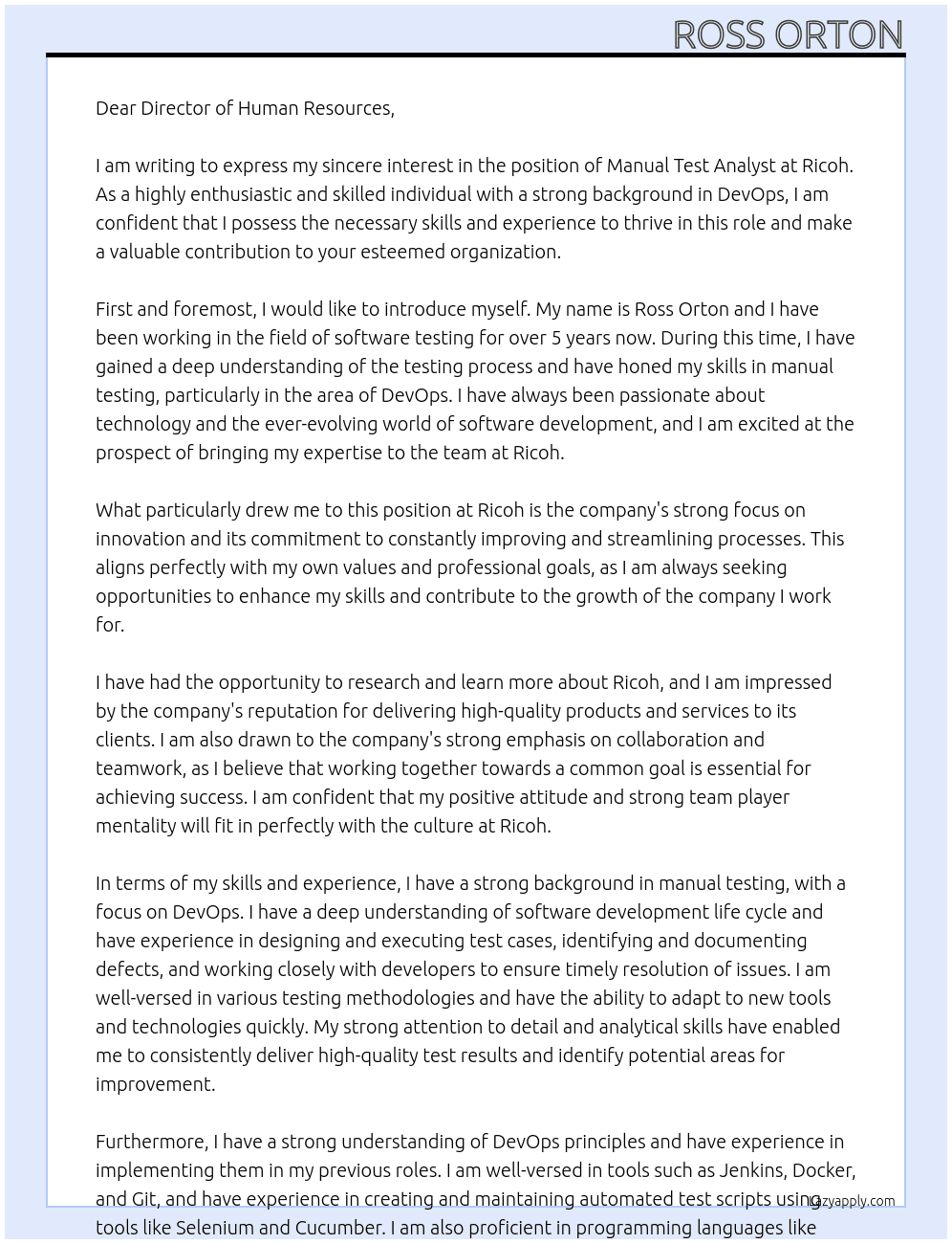 Manual Test Analyst At Ricoh Cover Letter