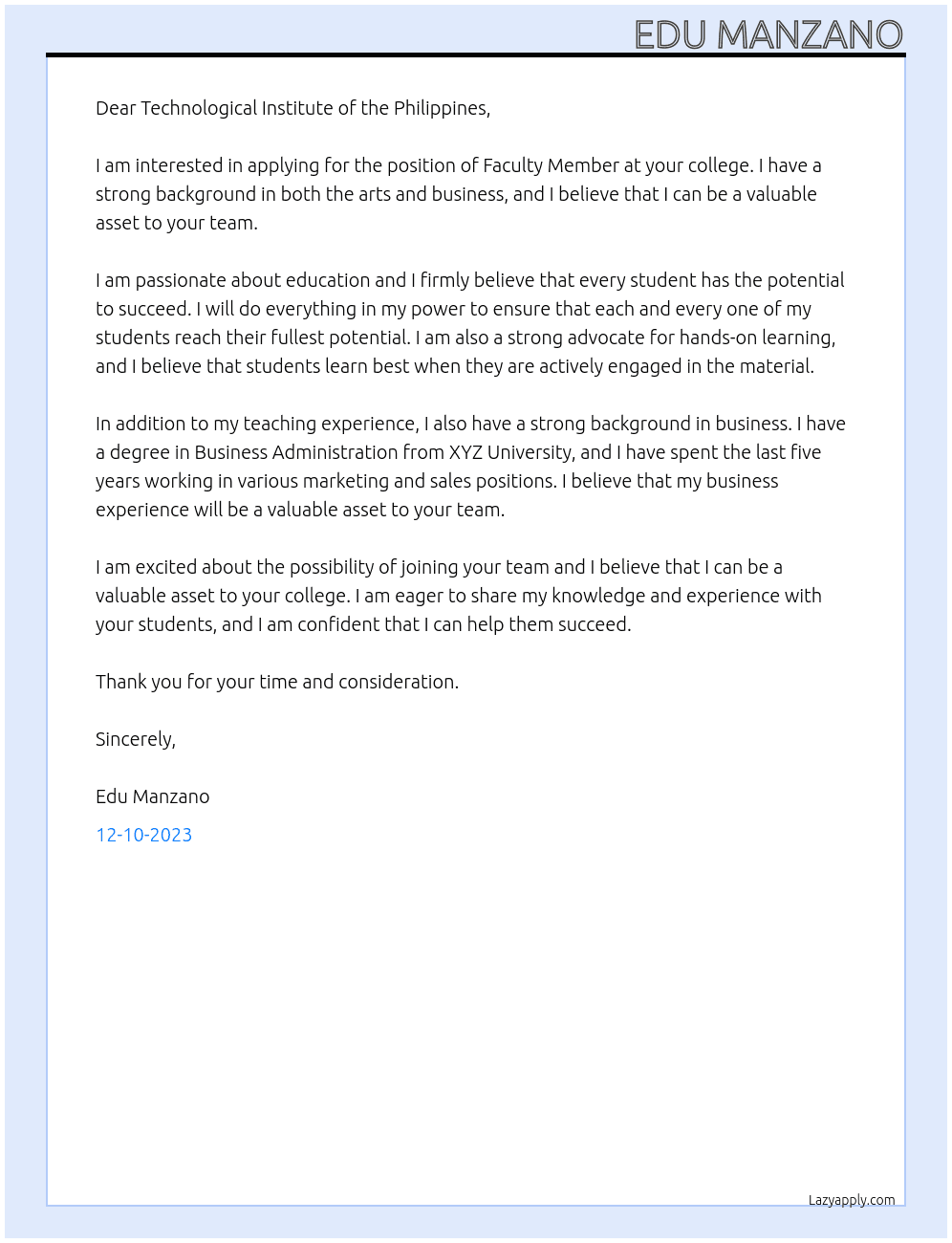 Faculty Member At Technological Institute of the Philippines Cover Letter