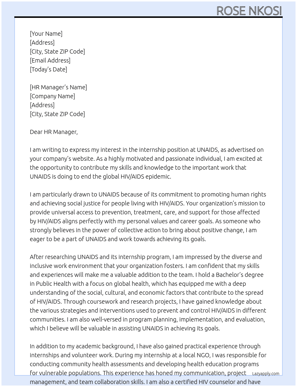 internship At UNAIDS Cover Letter