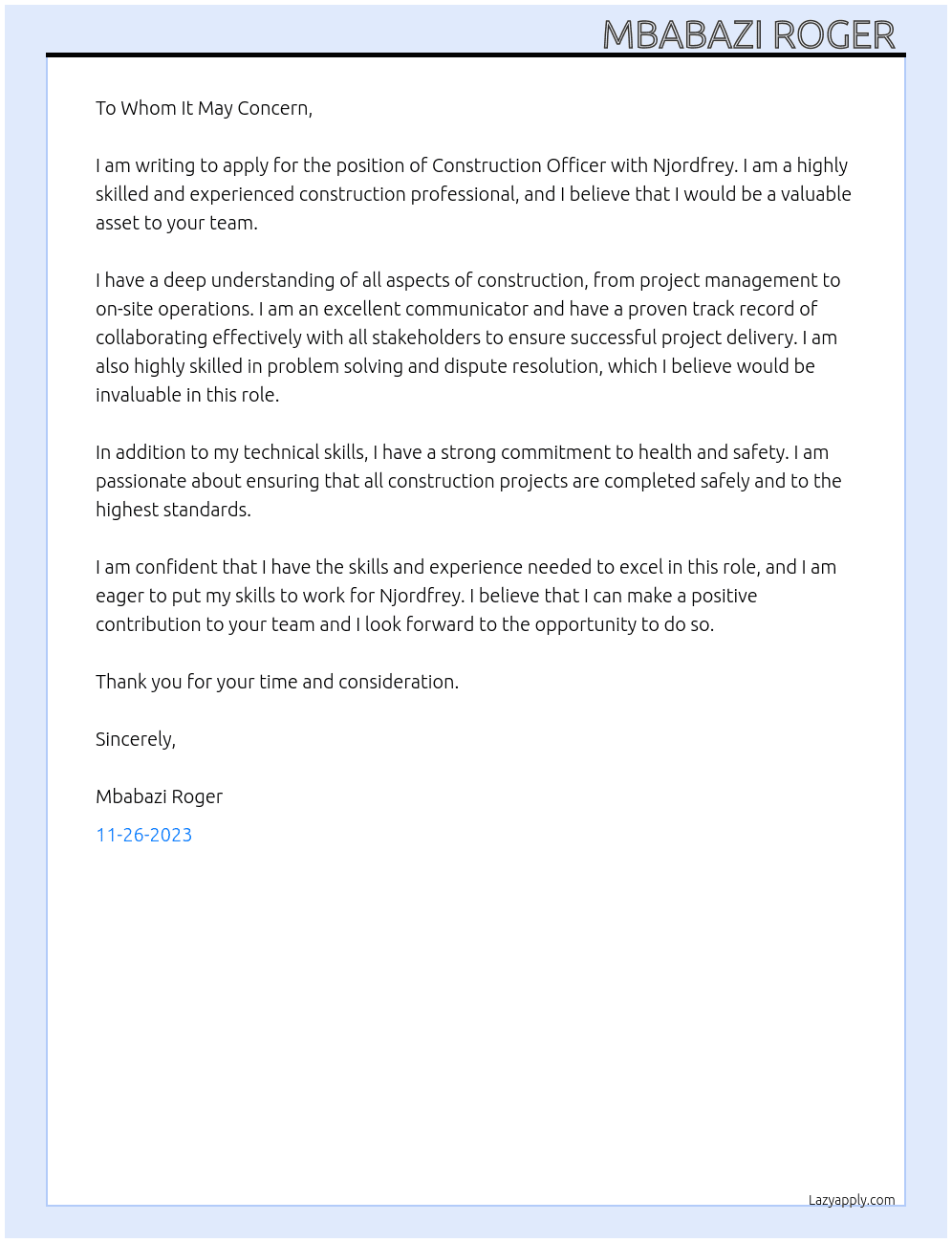 Construction officer At Njordfrey Cover Letter