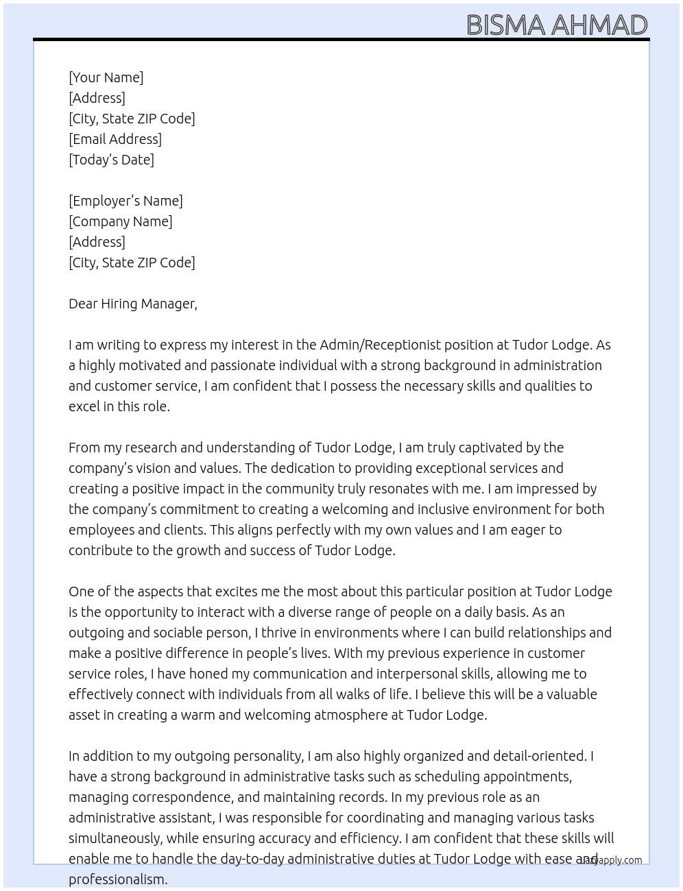 Admin/receptionist At Tudor lodge  Cover Letter