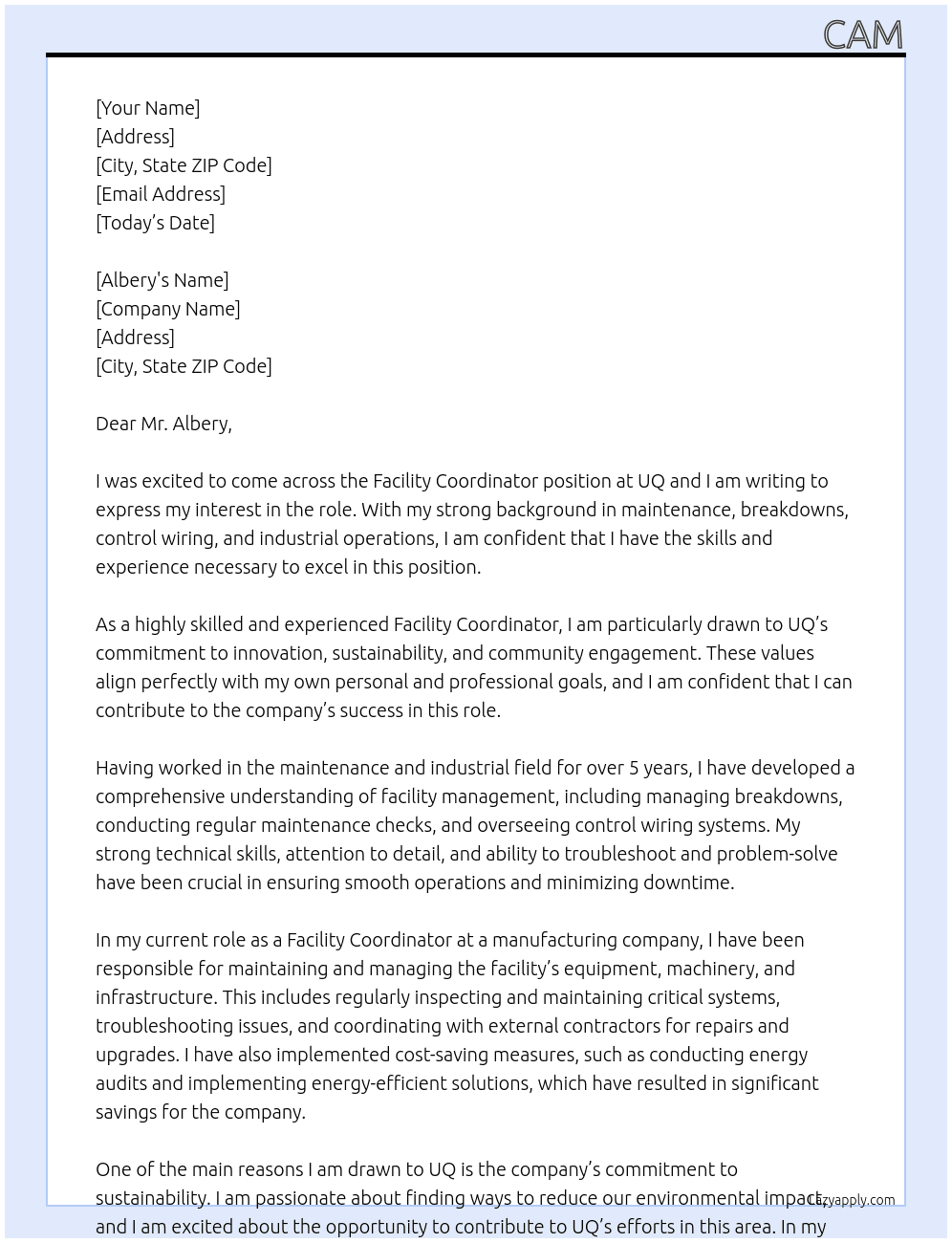 Facility Coordinator At UQ Cover Letter