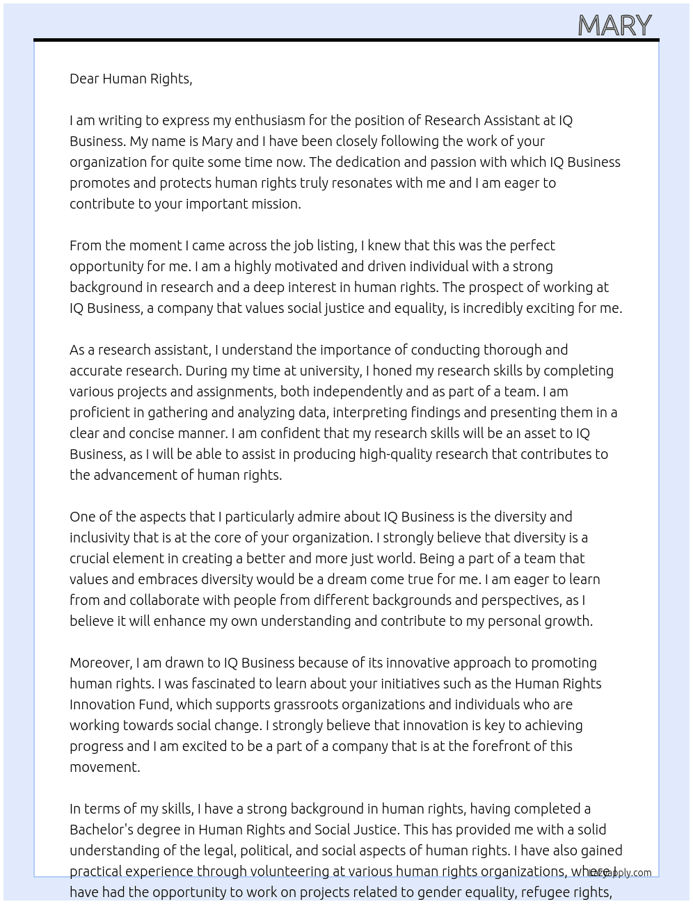 Reseach Assistant  At IQ business  Cover Letter