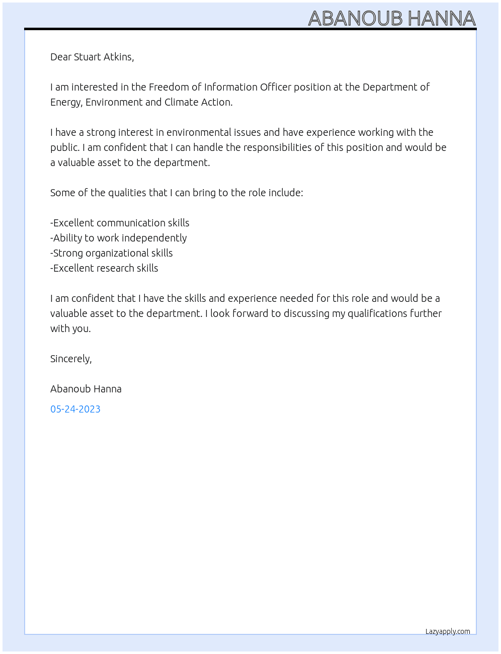 Freedom of Information Officer At Department of Energy, Environment and Climate Action Cover Letter