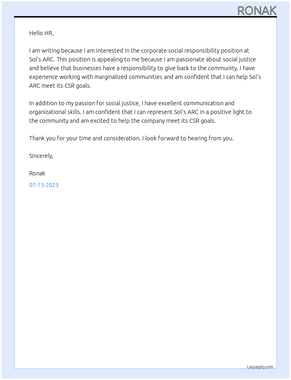 Corporate social responsibility   At Sol's ARC Cover Letter