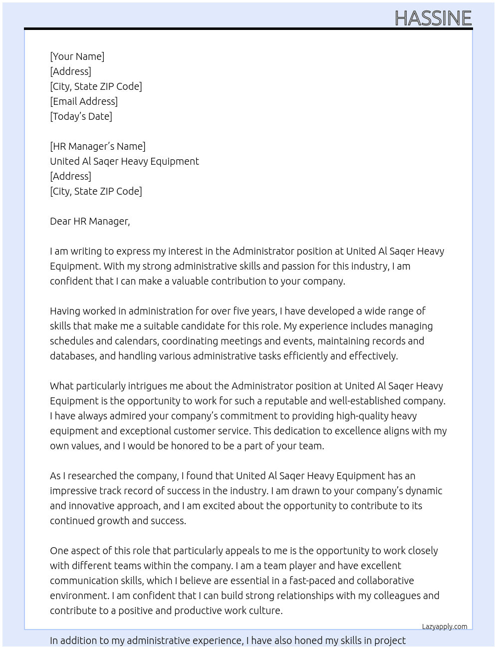 Administrator At United Al Saqer Heavy Equipment Cover Letter