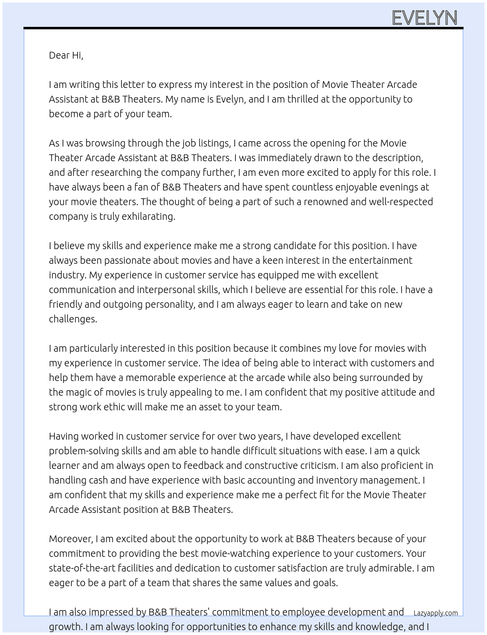 Movie theater arcade assistant At B&B theaters Cover Letter