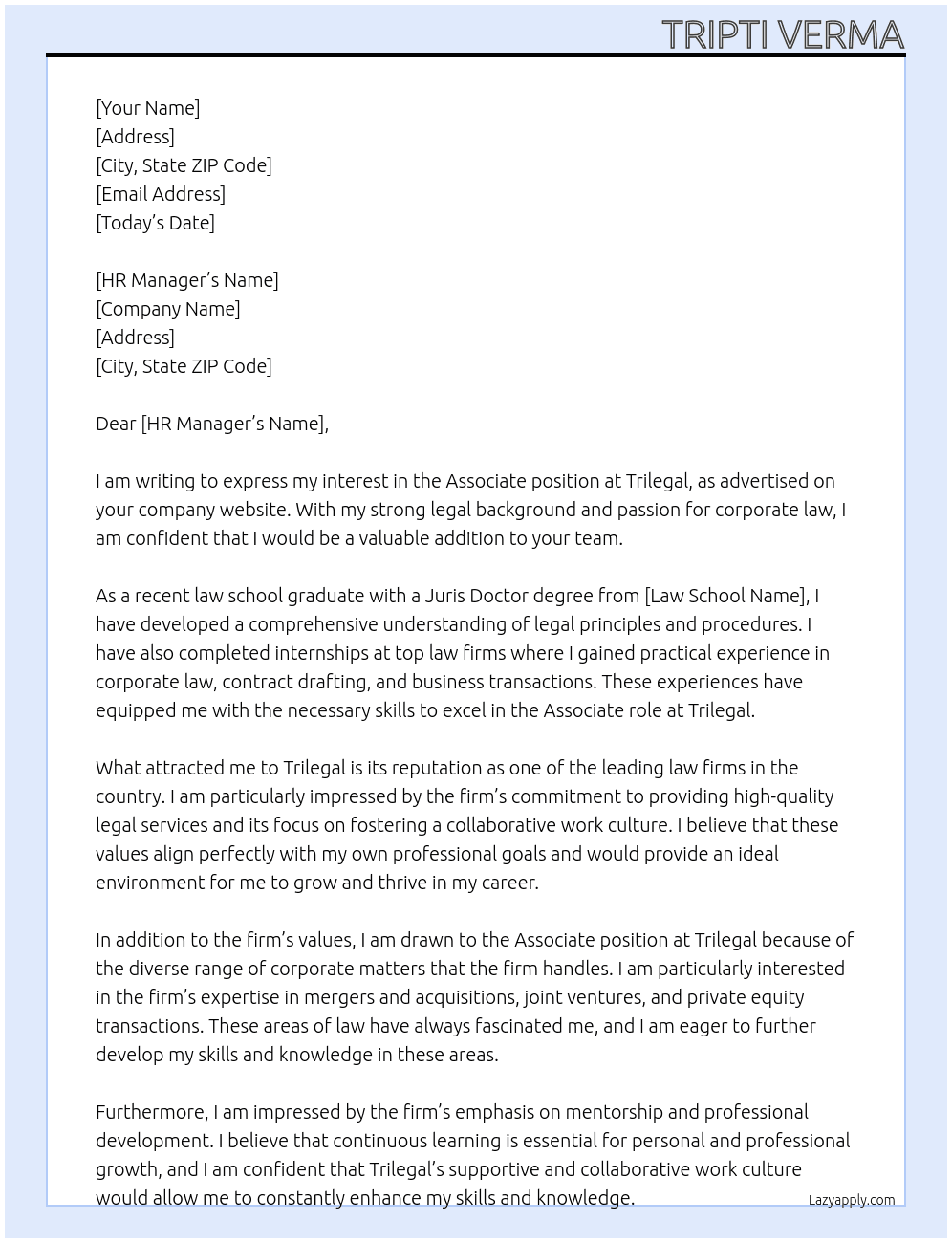 associate At trilegal  Cover Letter