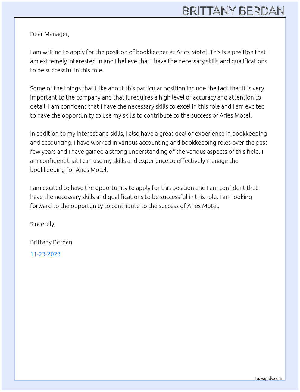 Bookkeeper At Aries Motel Cover Letter