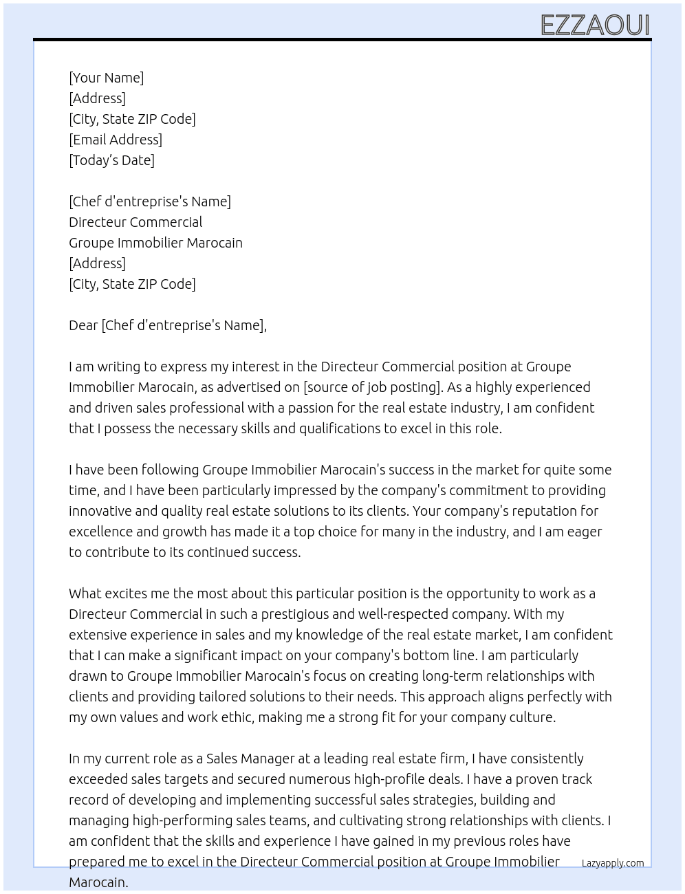 directeur commercial At groupe immobilier marocain  Cover Letter