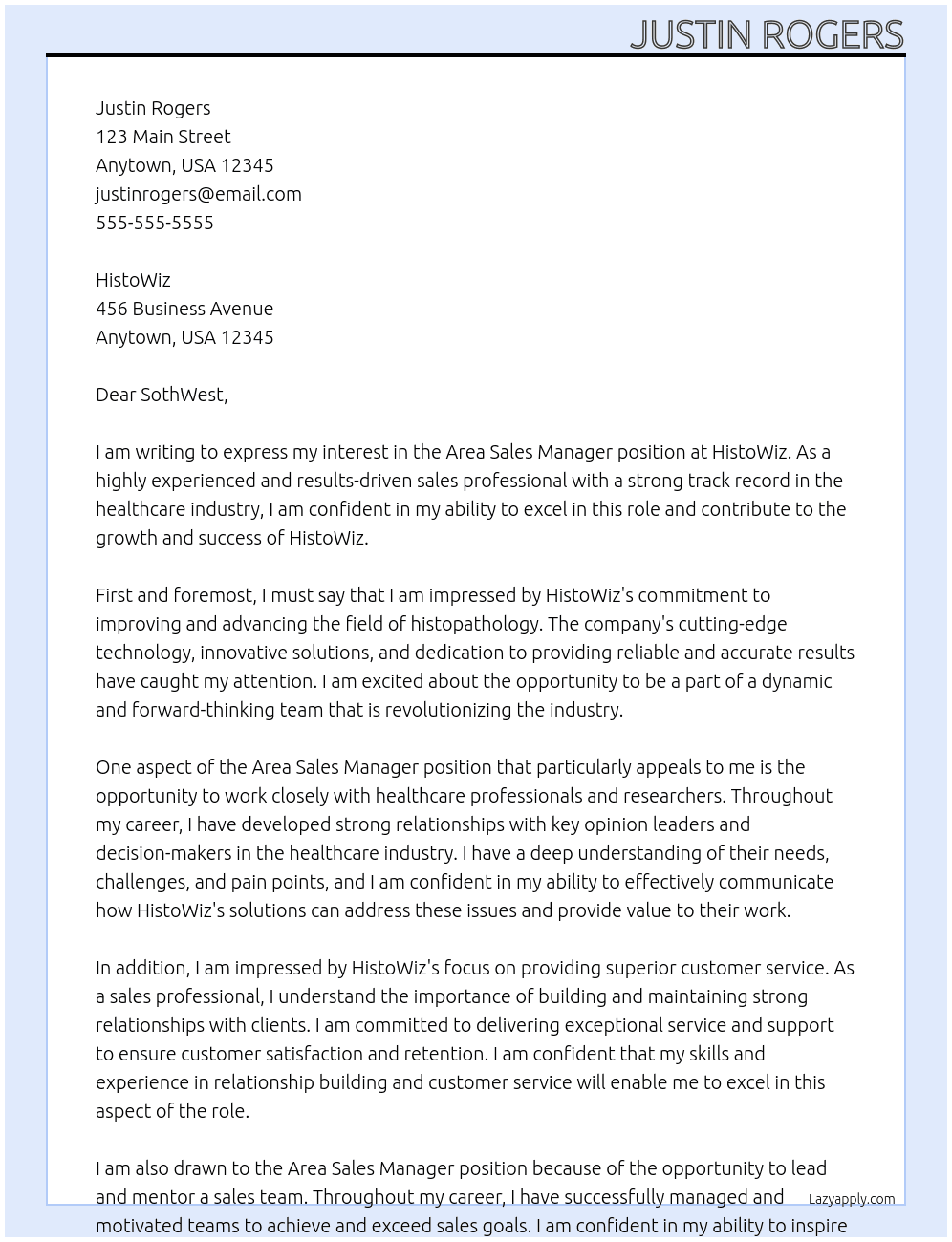 Area Sales Manager At HistoWiz Cover Letter