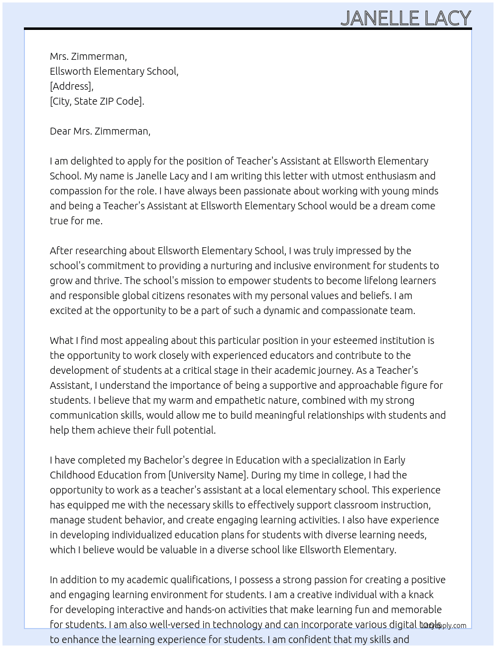 Teacher's Assistant At Ellsworth Elementary School Cover Letter