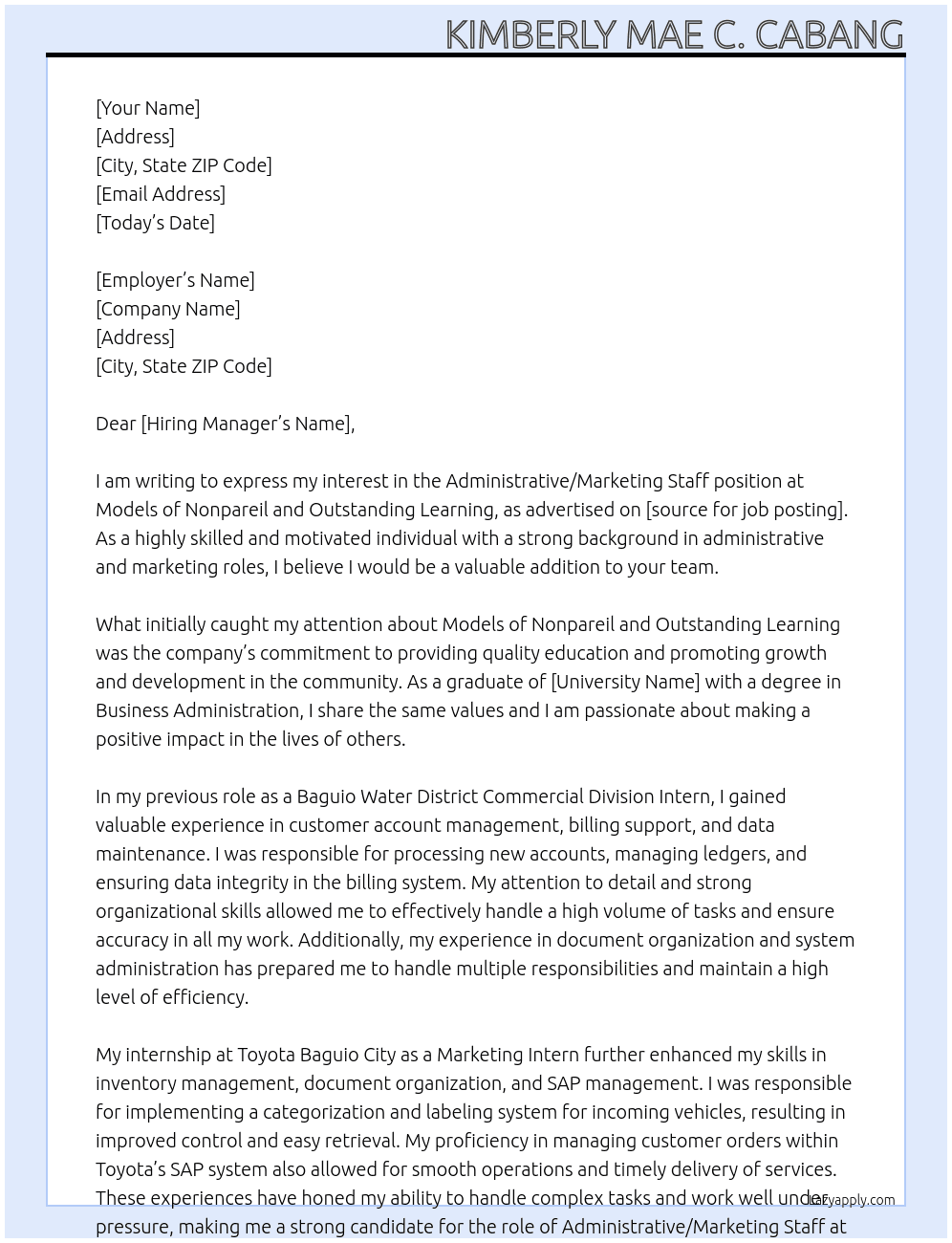 Administrative/Marketing Staff At Models of Nonpareil and Outstanding Learning Cover Letter