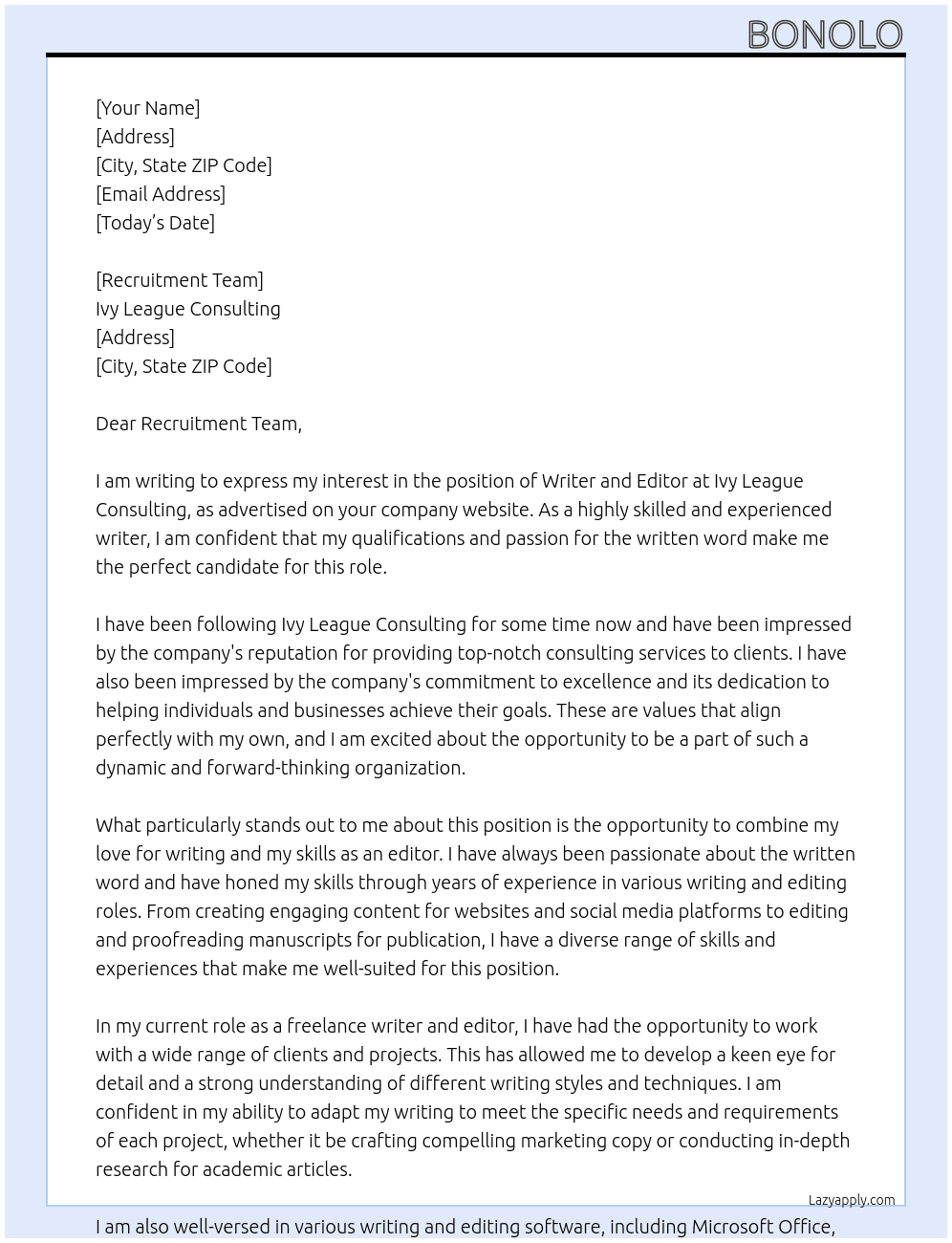 Writer and Editor At Ivy League Consulting Cover Letter