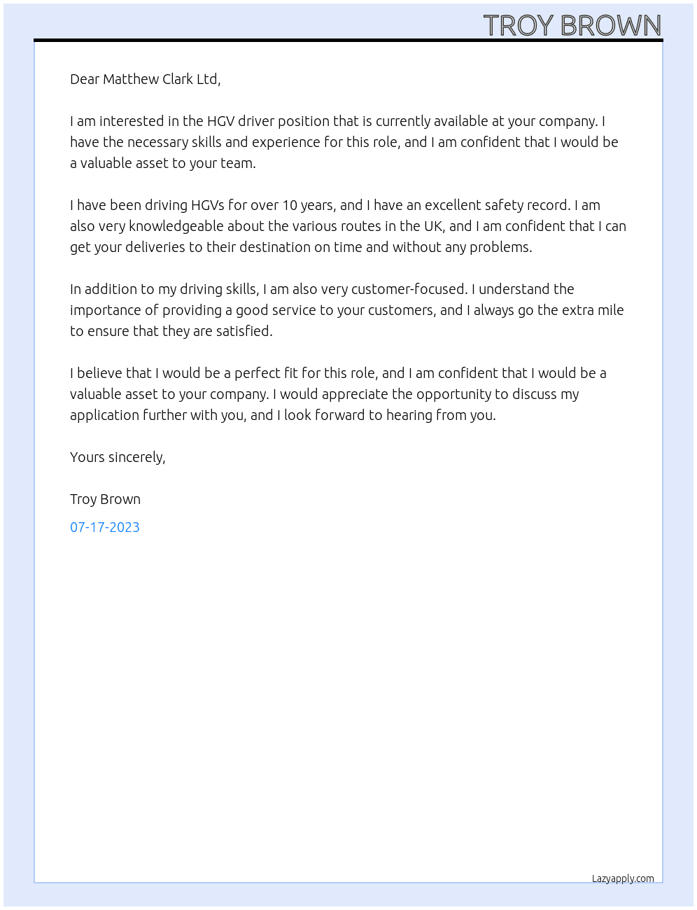 HGV driver At Matthew Clark ltd Cover Letter