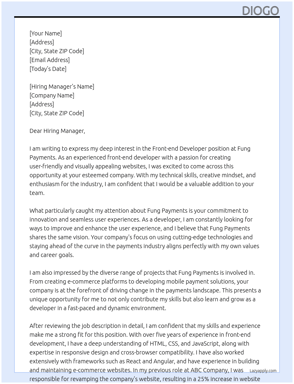 Front-end developer At Fung Payments Cover Letter