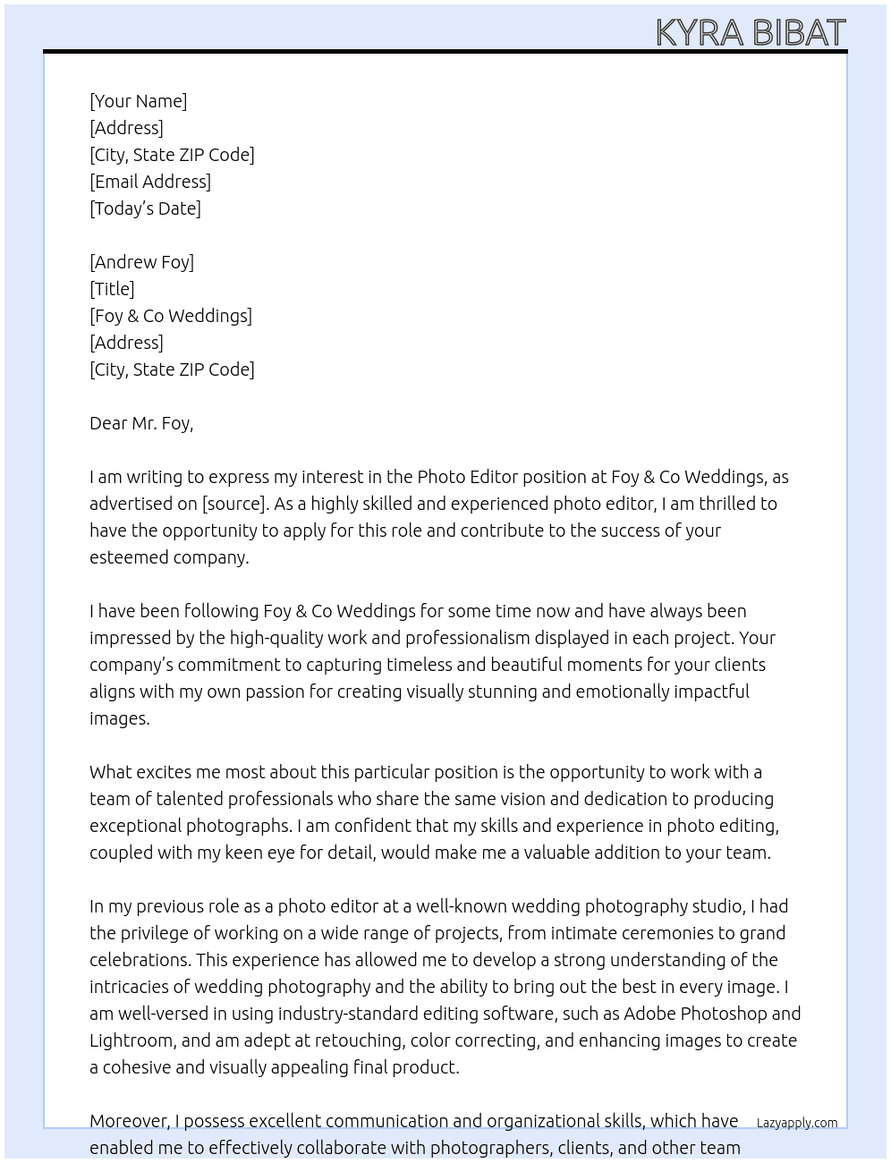 photo editor At Foy & Co Weddings Cover Letter