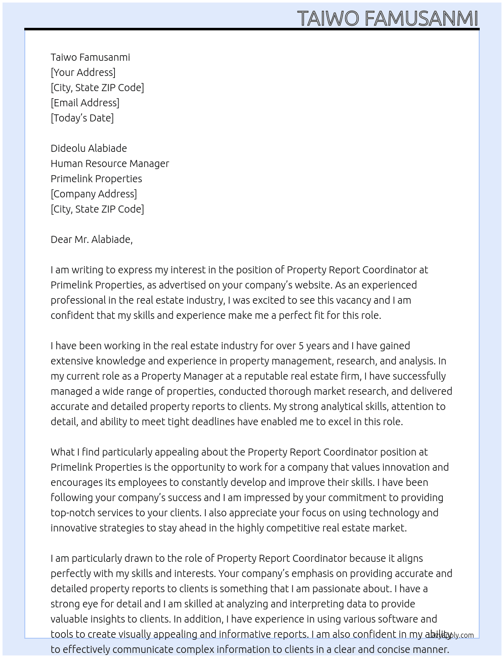Property report coordinator At Primelink Properties Cover Letter