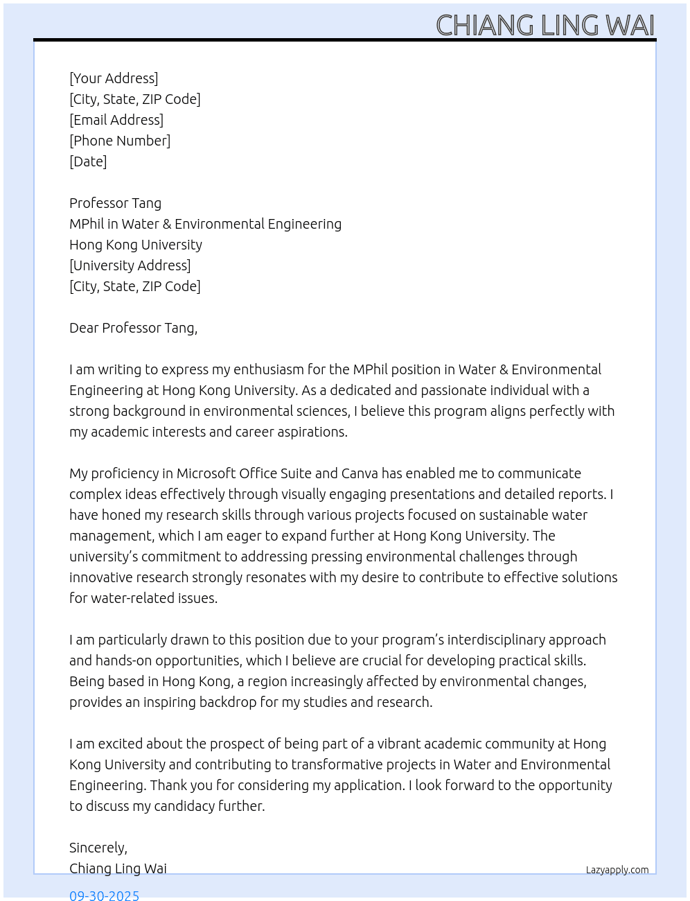 Mphil in Water & Environmental Engineering At Hong Kong University Cover Letter