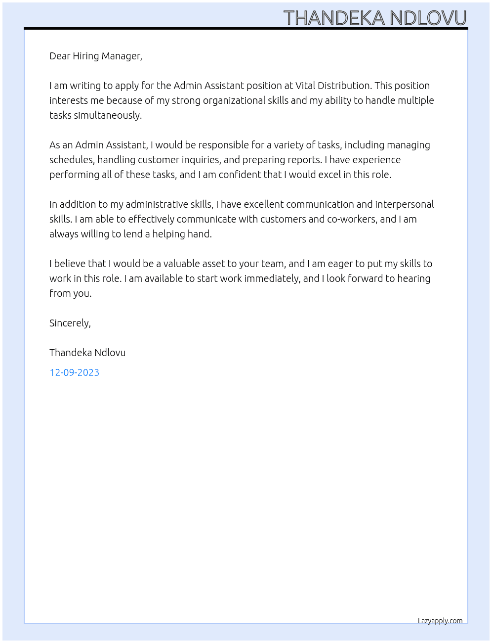 Admin Assistant  At Vital Distribution  Cover Letter
