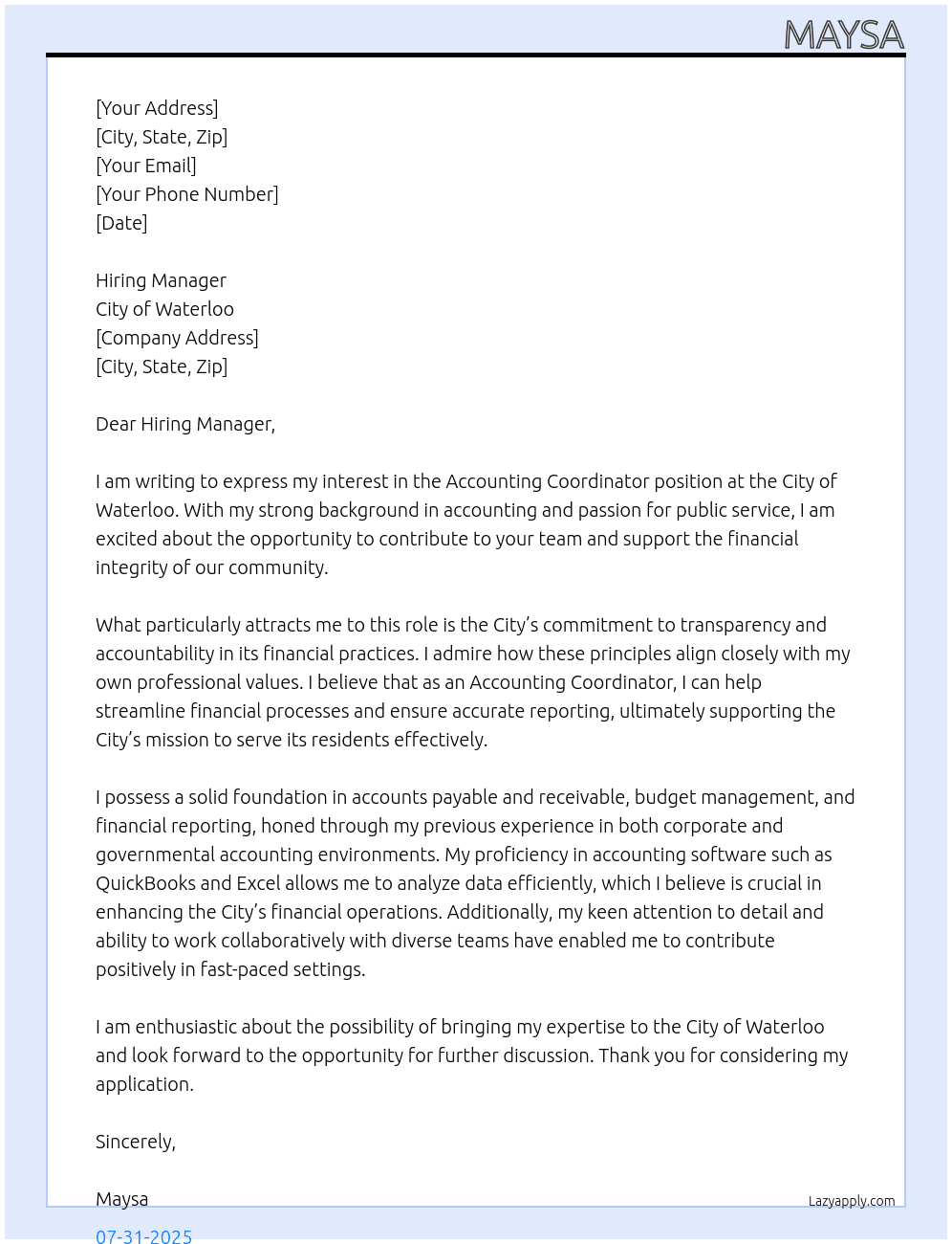Accounting coordinator At City of Waterloo Cover Letter